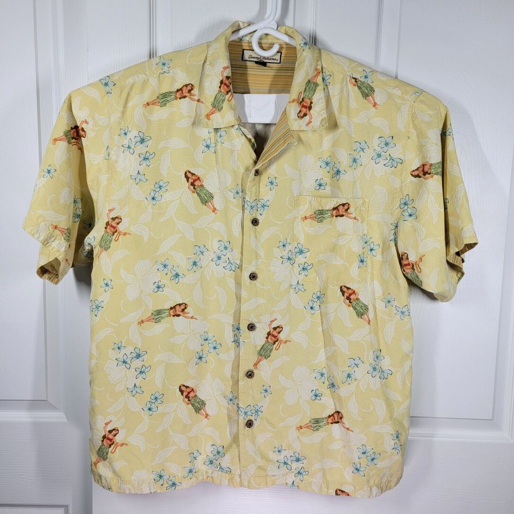 Tommy Bahama Mens XL Yellow Hawaiian Hula Girl Silk Shirt Button up Short Sleeve